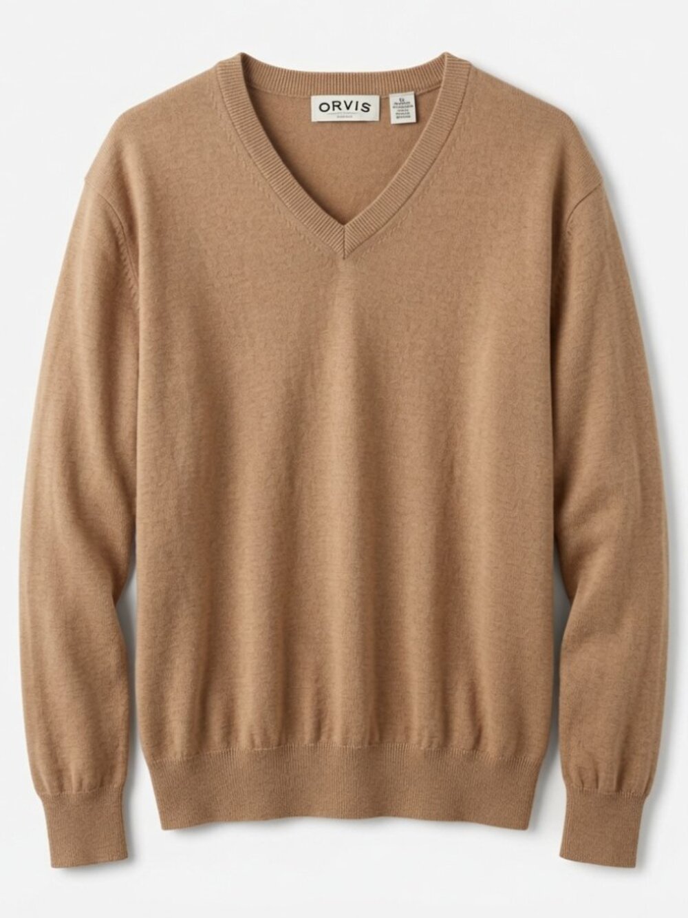 Orvis Men’s XL V-Neck Sweater Tan Brown Cashmere Blend Pullover Preppy Normcore